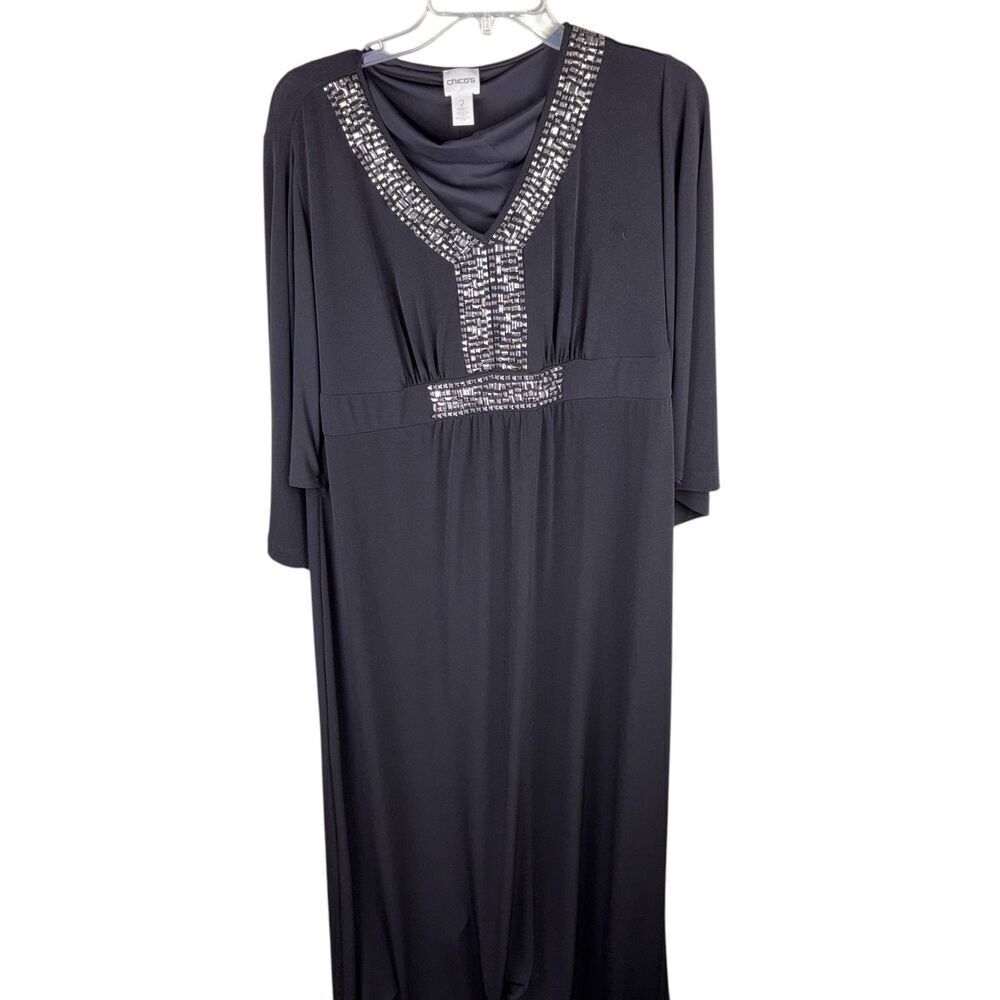 Chico's Maxi Dress‎ Jersey Black Size 2 Medium M Stretch V Neck